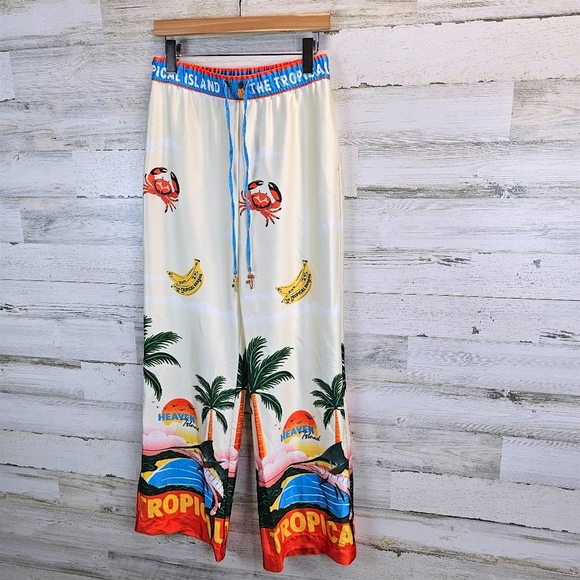 Joie Tropical Satin Wide Leg Pants S Sea Inspired Statement Maximalism Beachy - Picture 4 of 16